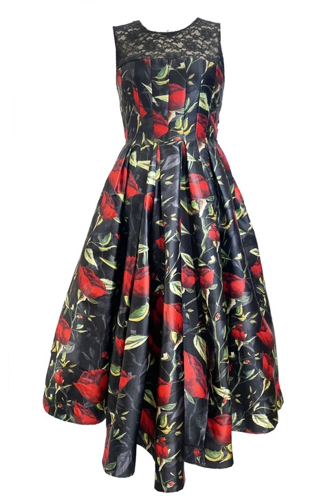 Rochie eleganta midi, tafta plisata cu flori, 36