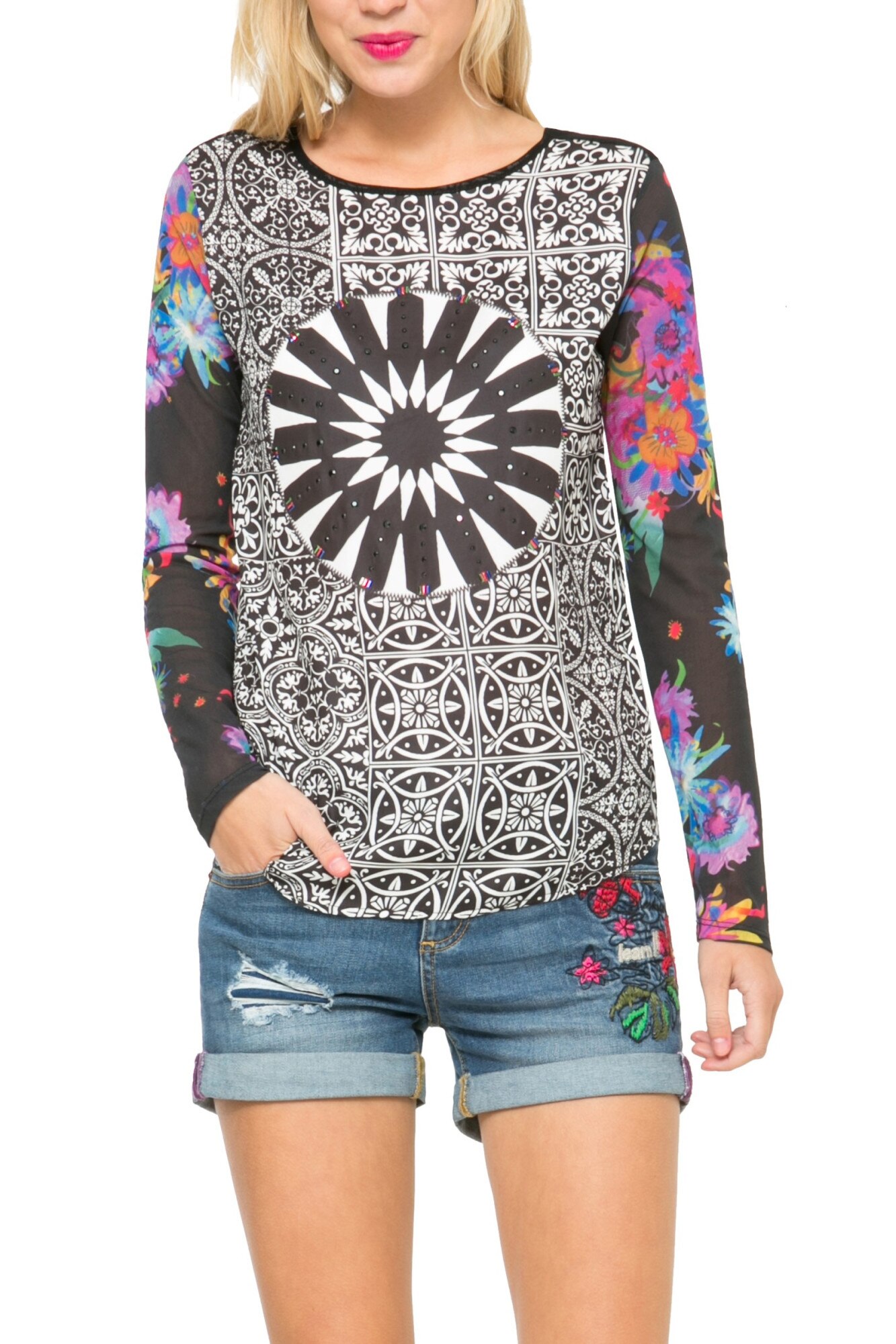 Bluza, Desigual 61B23A0, Alb/Negru, Alb/Negru