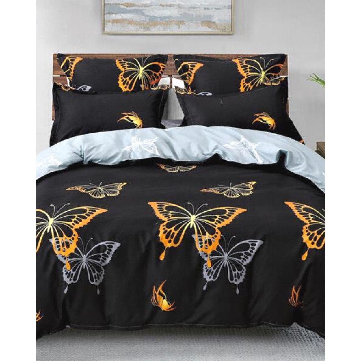 Set Lenjerie Finet Satinat Gros cu 2 Fete, 6 Piese, Pat 2 Persoane, Fluturi Gri Aurii