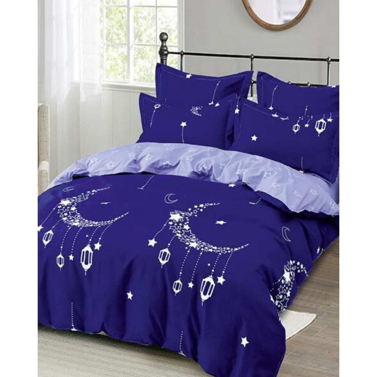 Set Lenjerie Finet Satinat Gros cu 2 Fete, 6 Piese, Pat 2 Persoane, Luna din Stele