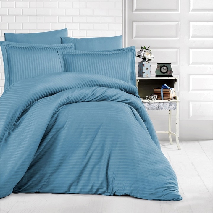 Lenjerie de pat Damasc Turcoaz, 3 piese, 1 persoana, Pucioasa, DMS-1pax-TURCOAZ