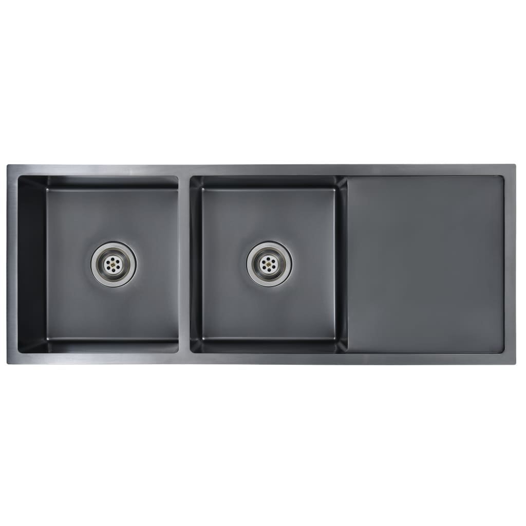 Chiuveta de bucatarie cu doua cuve cu sita si picurator vidaXL, Otel inoxidabil, 1115 x 440 x 200 mm, Negru