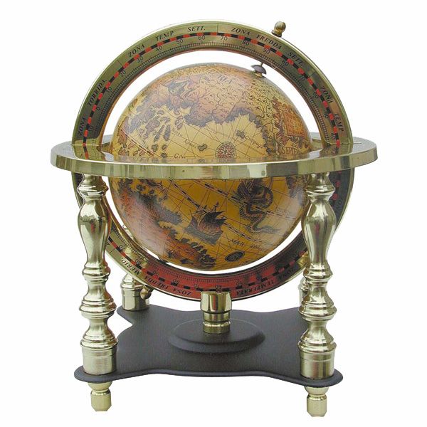 Glob terestru Sea Club, cadru din alama cu 4 coloane, H 18cm