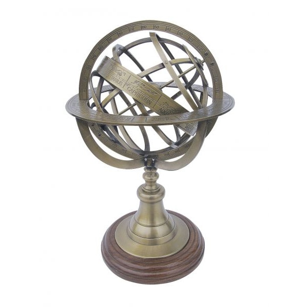 Glob cu sfera armilara Sea Club, alama antichizata, baza din lemn, H 29cm