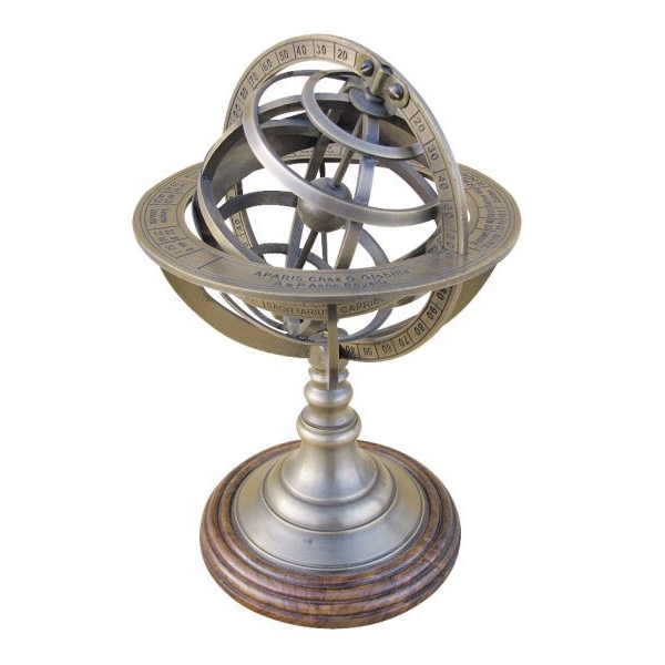 Glob Sea Club cu sfera armilara, din alama antichizata, baza de lemn, H 21.5 cm