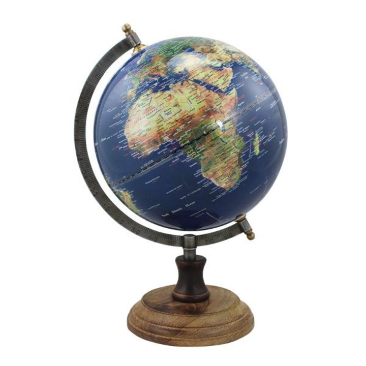Glob pamantesc Sea Club, suport alama, baza lemn, albastru inchis, H 32cm