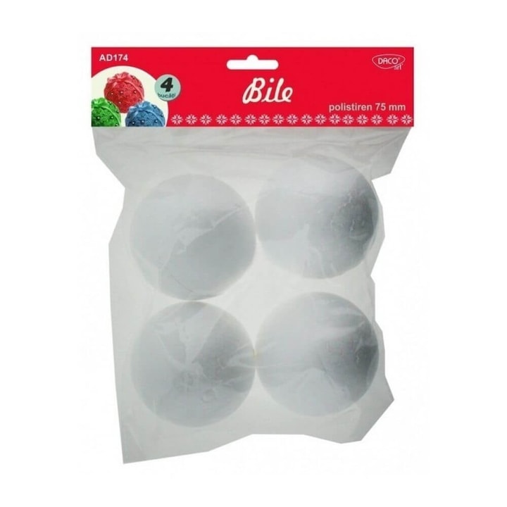 Bile din Polistiren DACO, Dimensiuni 75 mm, 4 Buc/Set, Culoare Alba, Mingiute, Accesorii Craft