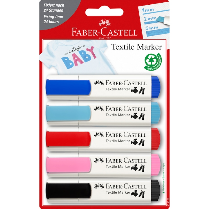 Markere textile Faber-Castell, 5 buc/blister, culori standard