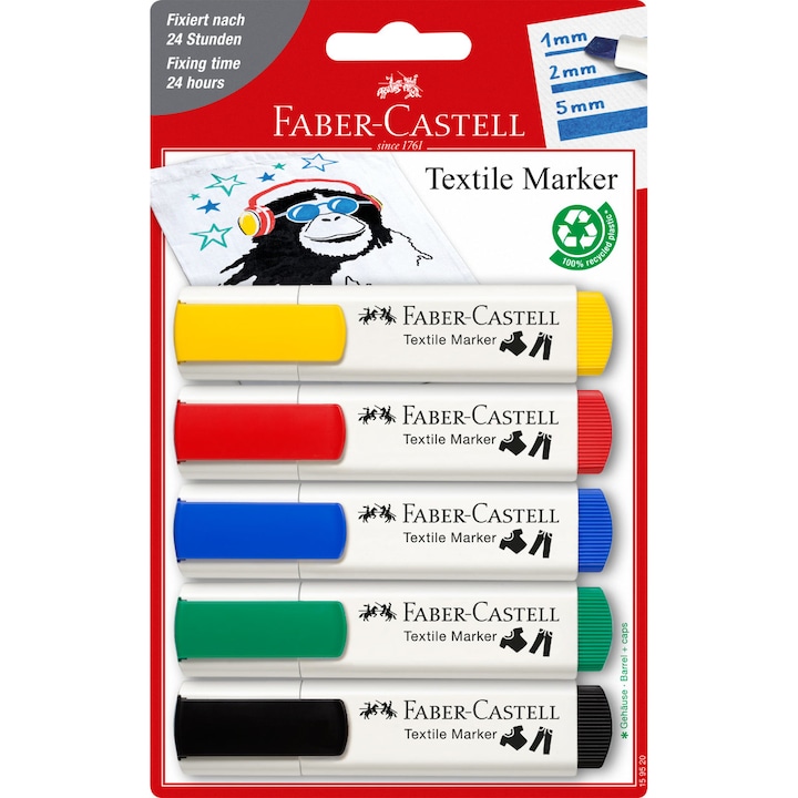 Markere textile Faber-Castell, 5 buc/blister, culori standard