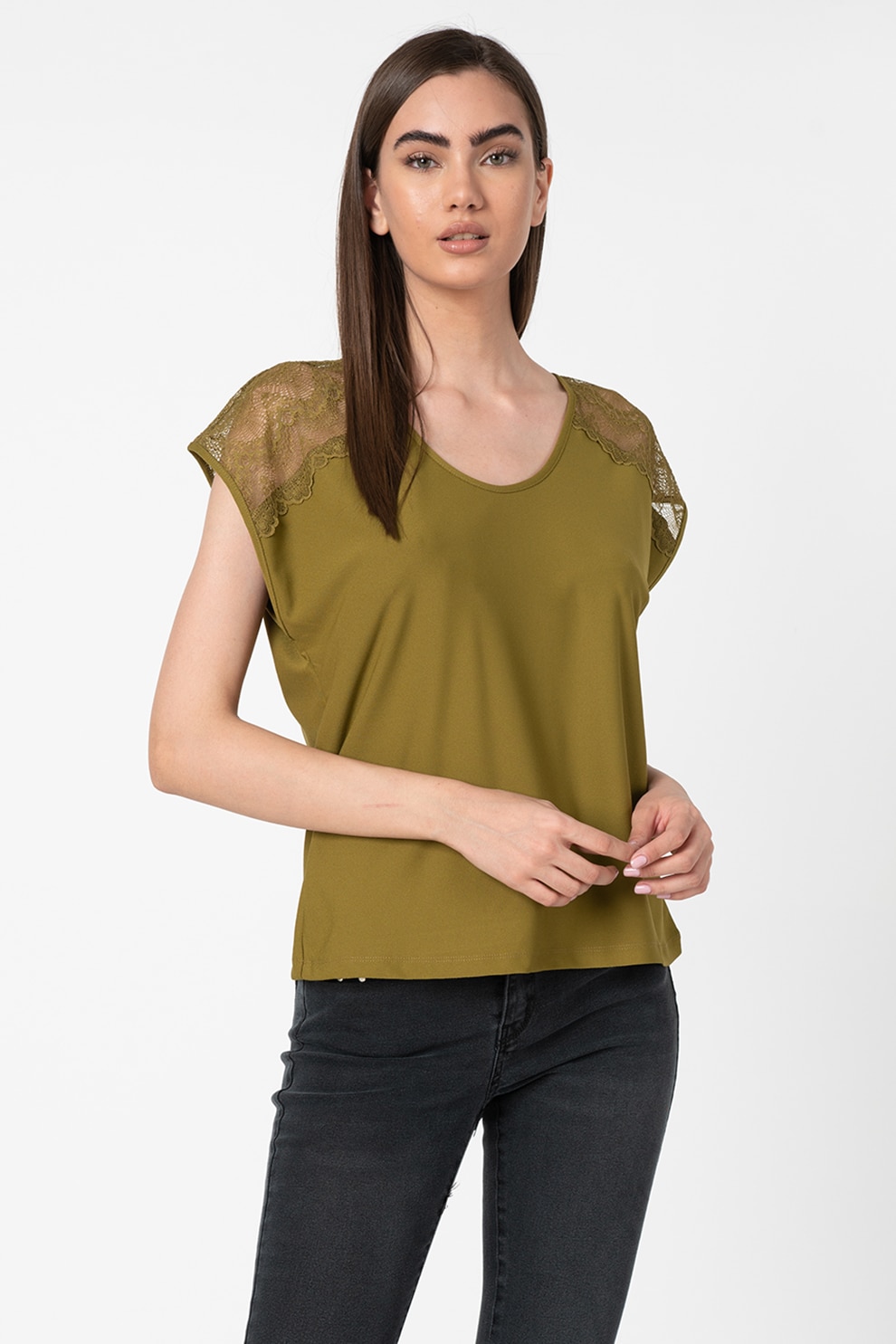 Vero Moda, Bluza cu insertii din dantela Milla, Verde oliv, S