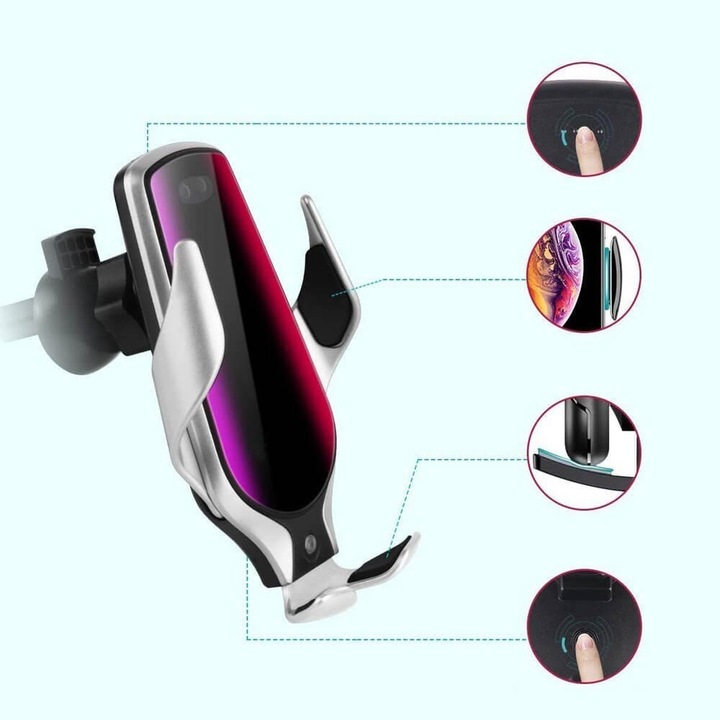 Suport Auto Telefon, Auto Reglare Electrica, Incarcare Wireless 10 W Qi, Prindere pe Grila Ventilatie sau Parbriz cu Ventuza, Silver
