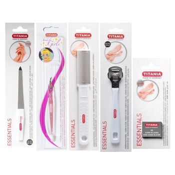 TITANIA SUMMER PACK, Pila, Rrazuitor, Brici bataturi, Rezerva, Cutit cuticule TITANIA SUMMER PACK, Pila, Rrazuitor, Brici bataturi, Rezerva, Cutit cuticule