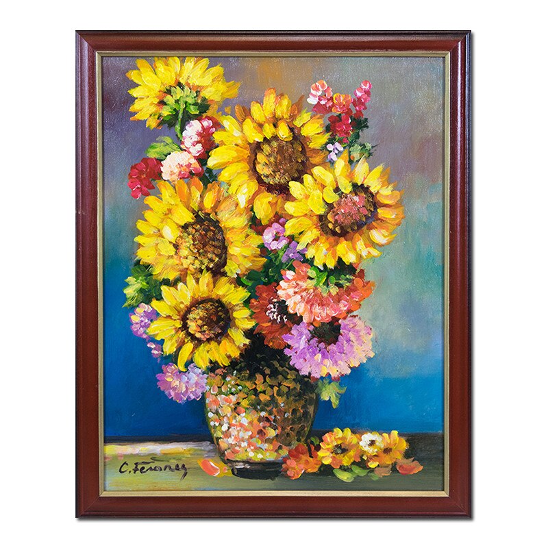 Tablou pictat manual - Aranjament cu floarea soarelui - 55x45cm pictura inramata ulei pe panza