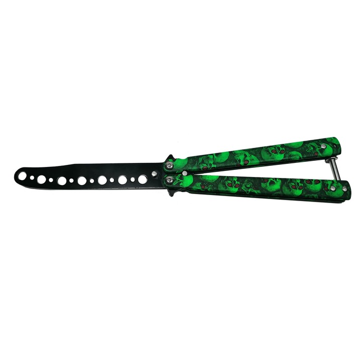Briceag fluture DEPOX®, Happy Green Skulls, pentru antrenament, 22 cm