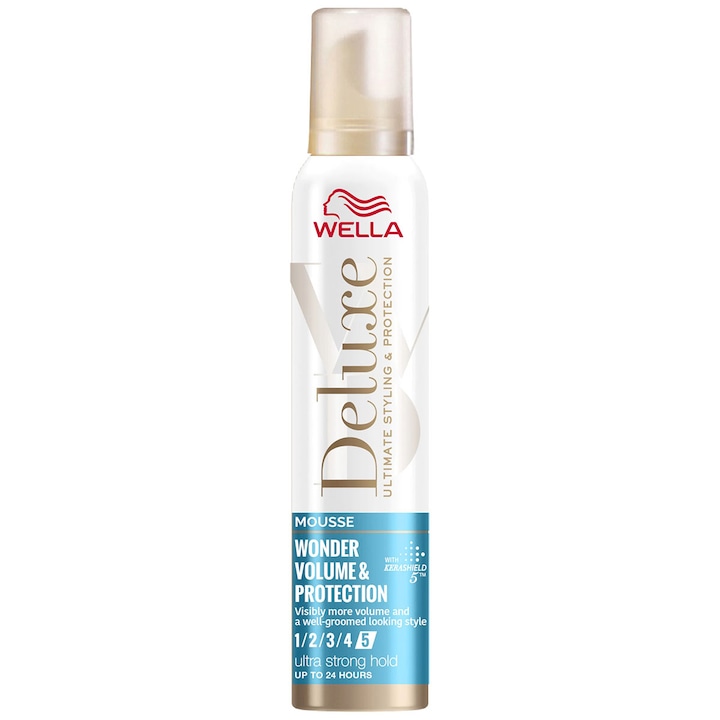 Spuma pentru par Wella Deluxe Wonder Volume & Protection cu fixare ultra puternica, Fixare: 5/5, 200 ml