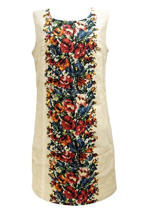 Rochie de vara scurta, eleganta, din in cu imprimeu floral, Multicolor/Crem, 2XL