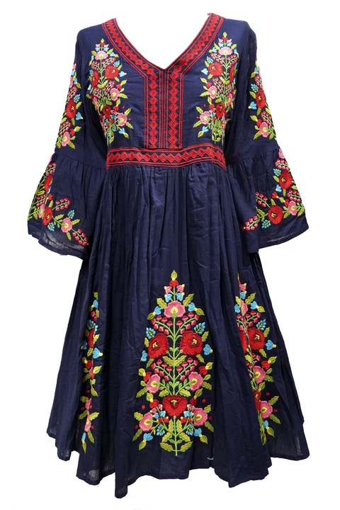 Rochie de vara medie, boho, bumbac, Multicolor/Albastru