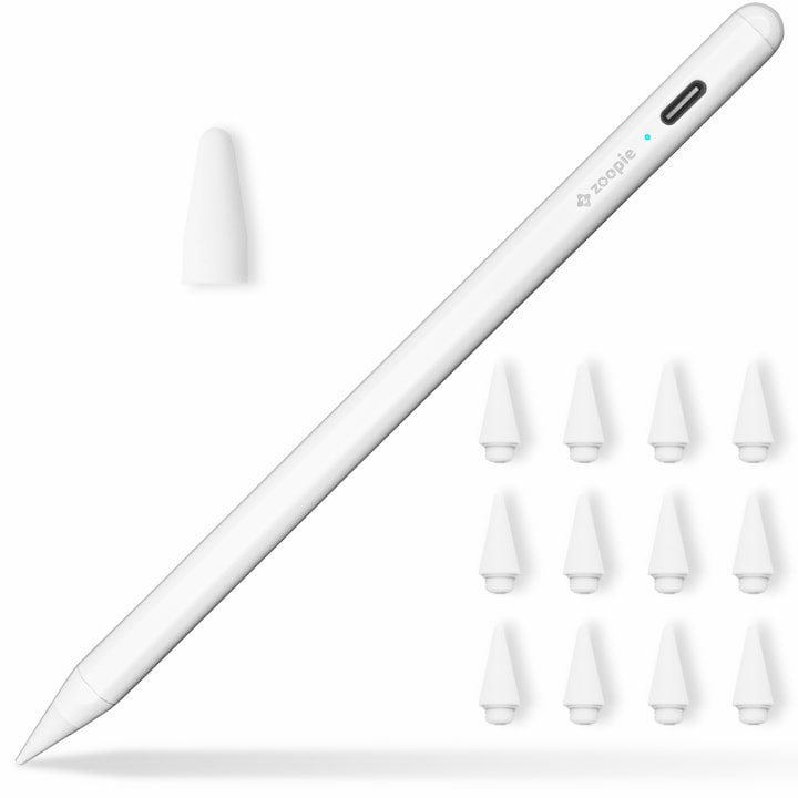 Stylus iPad Touch Pen EvoSmart™ Universal Profesional cu 10 penite, Pix pentru tableta iPad Apple 2010-2017, Android, Windows, Touch Control, Fara Lag, Pencil Magnetic, USB-C, Penite POM anti-zgarietura , Alb
