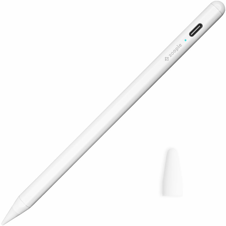 Stylus iPad Pen, Zoopie®, Pix pentru tableta iPad Apple 2018-2023, Profesional, Penite anti-zgarieturi, functie Palm Rejection, Tilt, Lag-Free, Magnetic, USB-C, Alb