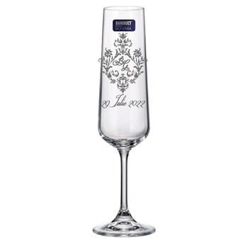 Set 2 Pahare de Sampanie Miri Personalizate din Cristal Bohemia cu Initiale si Data Blazon Elegant Set 2 Pahare de Sampanie Miri Personalizate din Cristal Bohemia cu Initiale si Data Blazon Elegant