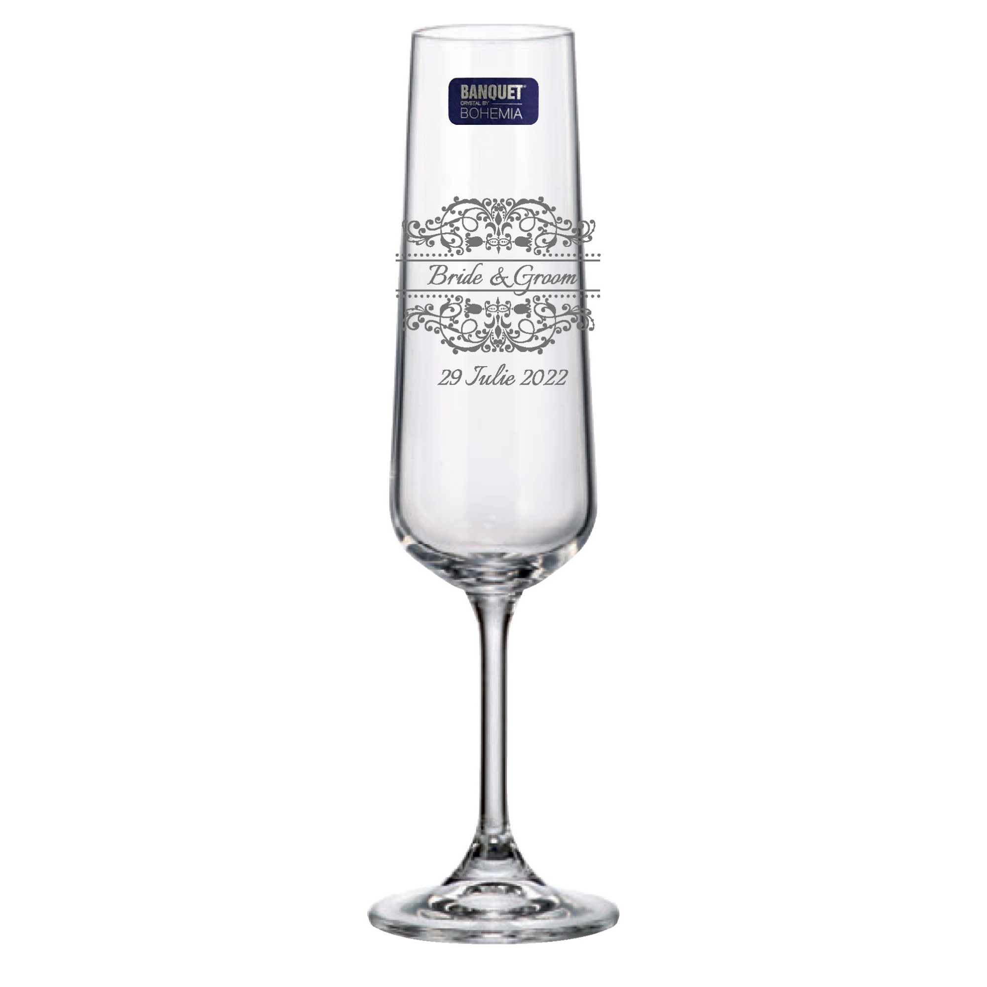 Set 2 Pahare de Sampanie Miri Personalizate din Cristal Bohemia cu Nume si Data Blazon Elegant