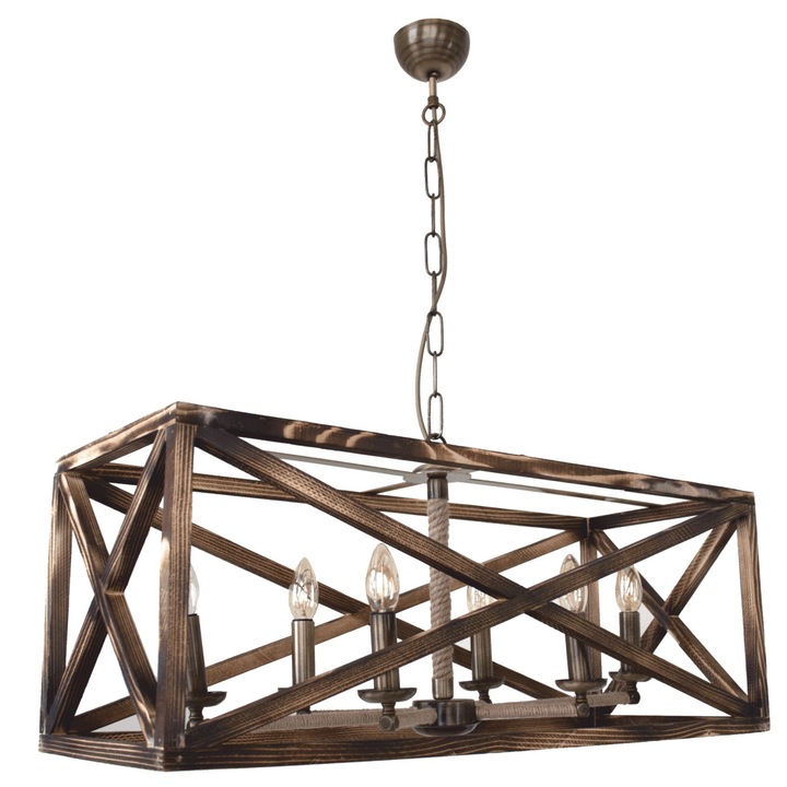 Corp de iluminat Dalin cu 6 becuri, dulie E27, din lemn maro antichizat