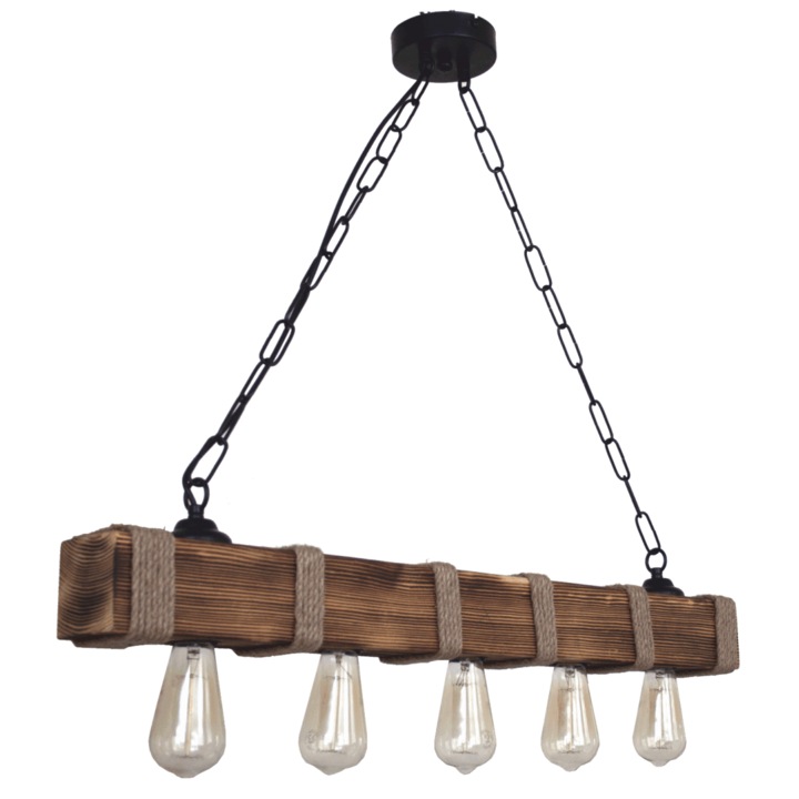 Corp de iluminat Kalas cu 5 becuri din lemn maro anichizat