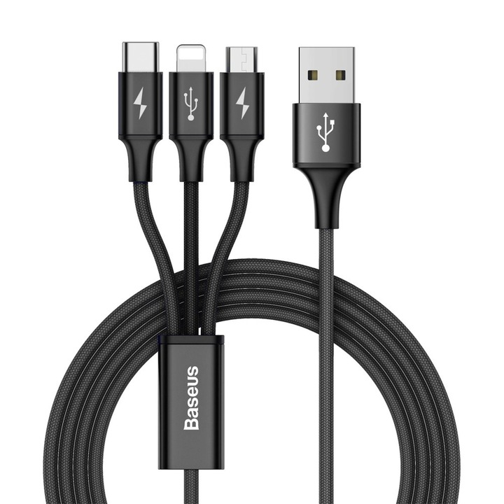 Cablu, Baseus, 3 in 1, Tip C, Micro USB/Lightning, Incarcare rapida, 2A, 1.2 m, Negru