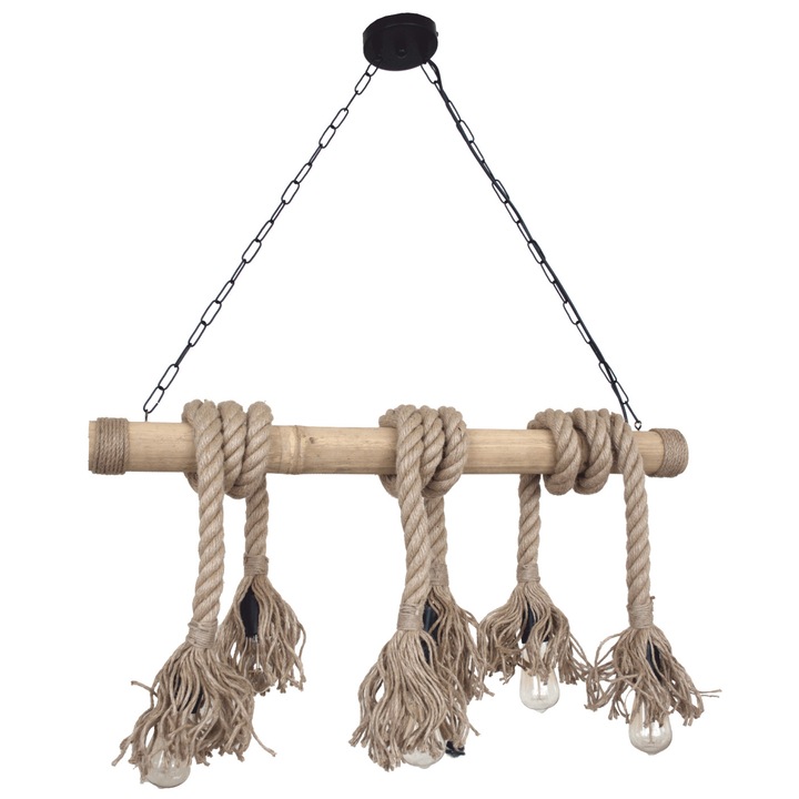 Corp de iluminat Cojom Bambi, cu 6 becuri, dulie E27, din lemn si franghie