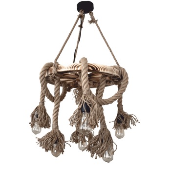 Corp de iluminat Tarkala, cu 6 becuri, dulie E27, din lemn si franghie Corp de iluminat Tarkala, cu 6 becuri, dulie E27, din lemn si franghie