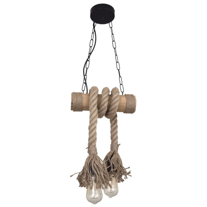 Corp de iluminat Cojom Bambi, cu 2 becuri, dulie E27, din lemn si franghie