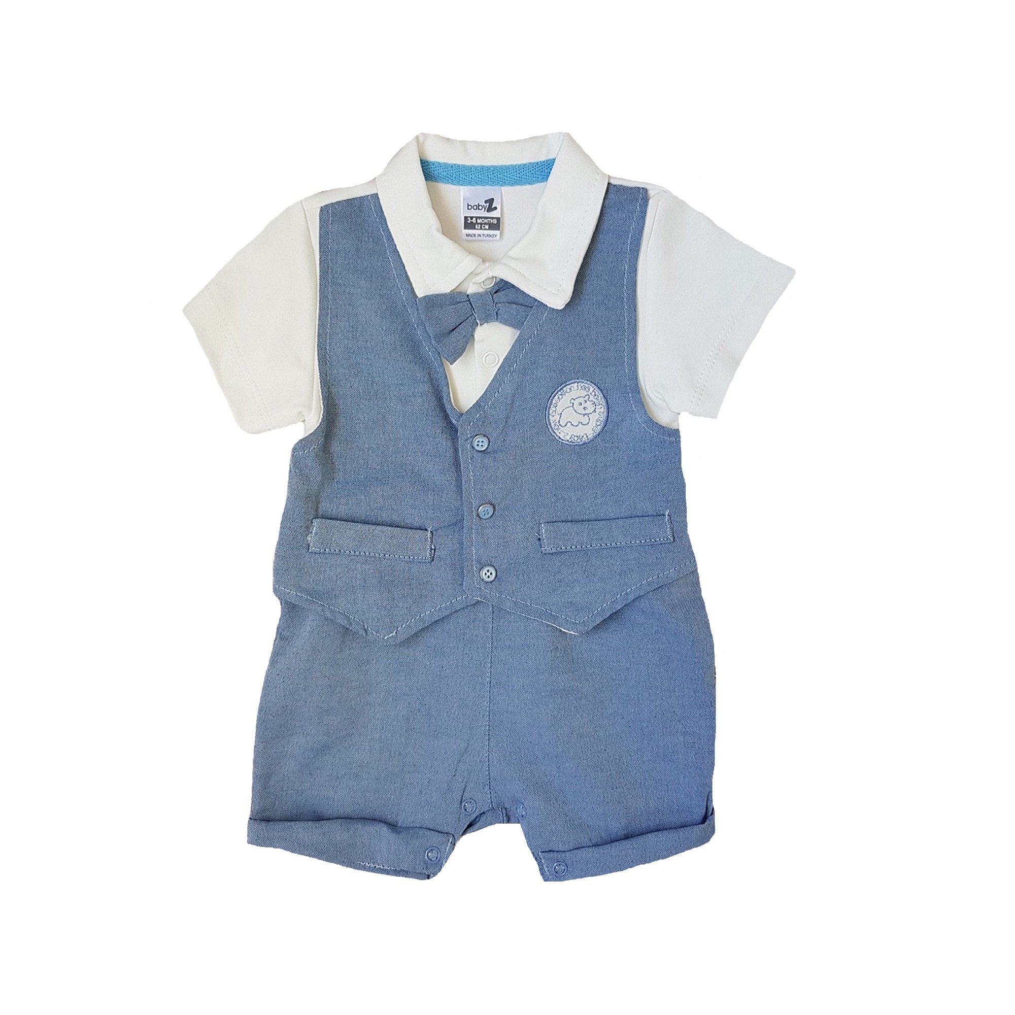 Salopeta eleganta de bumbac, varsta 9-12 luni, 80 cm, Alb/Albastru