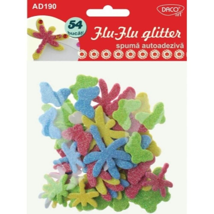 DACO Самозалепващи форми от пяна, Flu-Flu Glitter Model, Променливи размери, 54 бр./компл., многоцветни