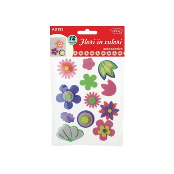 Forme Spuma Autoadeziva DACO, Model Flori in Culori, Dimensiuni Variabile, 12 Buc/Set, Multicolor Forme Spuma Autoadeziva DACO, Model Flori in Culori, Dimensiuni Variabile, 12 Buc/Set, Multicolor