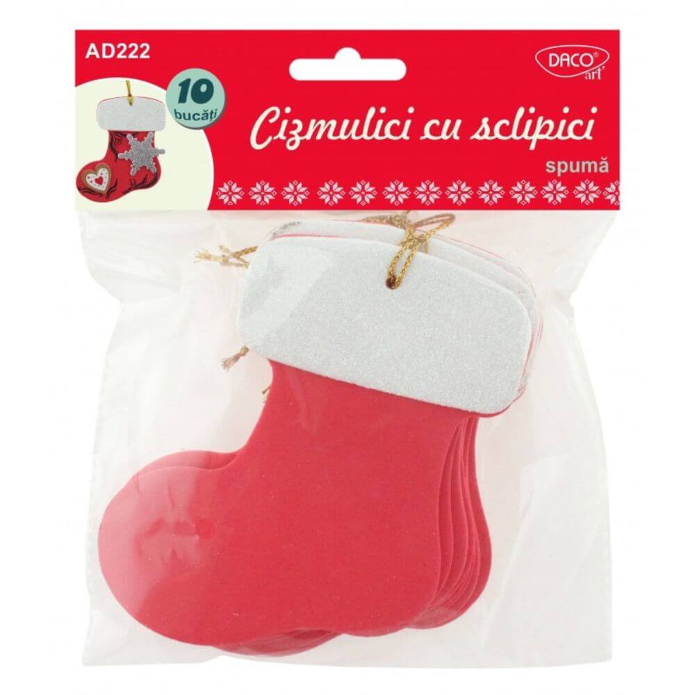 Forme Spuma cu Sclipici DACO, 10 Buc/Set, 9x11 cm, Model Cizma, Culoare Alb si Rosu