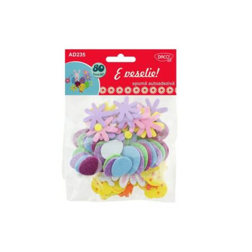 Spuma Autoadeziva DACO, 80 Buc/Set, Model E Veselie, Multicolor, Accesorii Craft, Floricele pentru Lipit