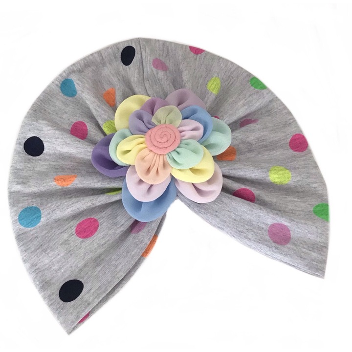 Turban toamna gri cu buline colorate cu floare multicolora, Gri