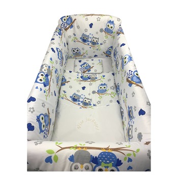 Lenjerie de patut bebelusi 140x70 cm cu aparatori Maxi Deseda Bufnite Albastre Lenjerie de patut bebelusi 140x70 cm cu aparatori Maxi Deseda Bufnite Albastre