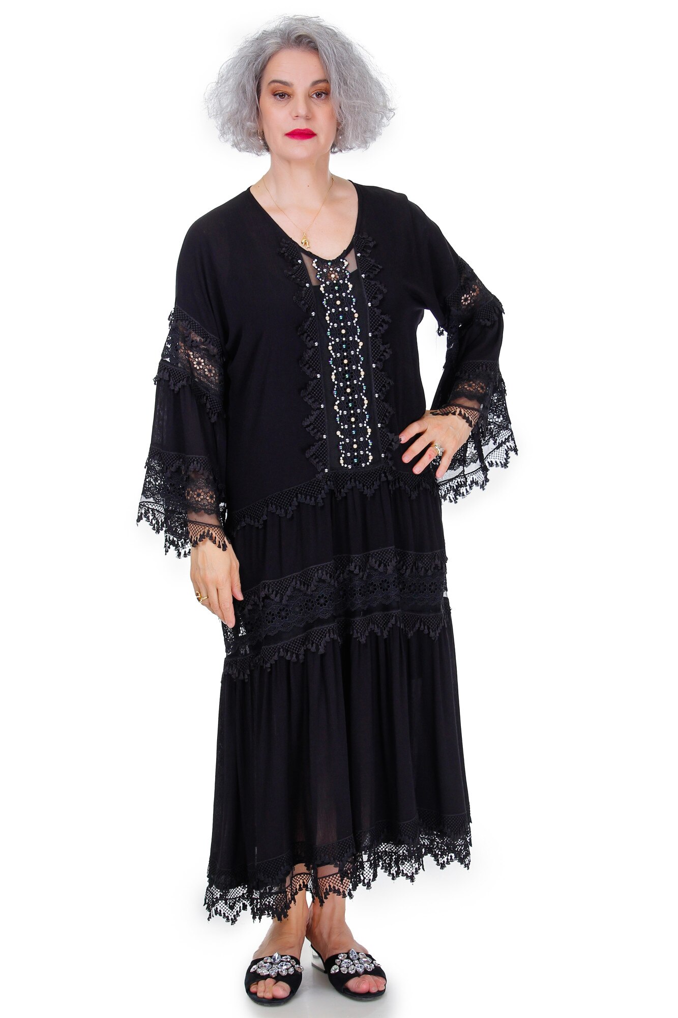 Rochie viscoza neagra cu perle, Liza Panait, I-99
