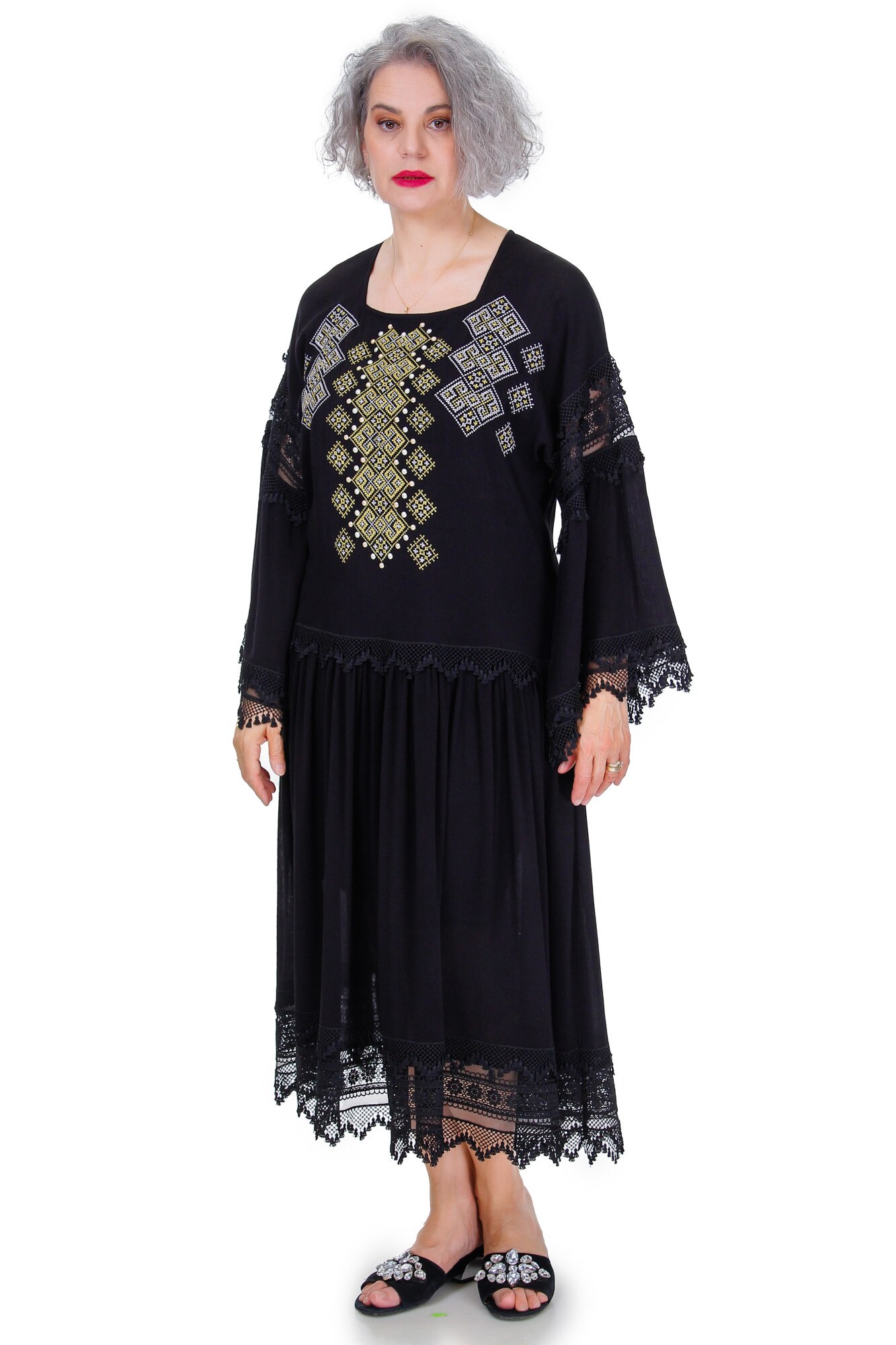 Rochie viscoza neagra cu broderie, Liza Panait, R2309