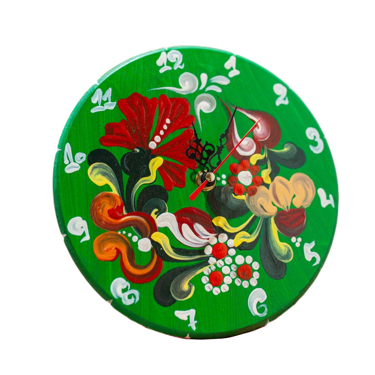 Ceas pictat, Gifty, MS-049, model floral, Verde, Diametru 15cm