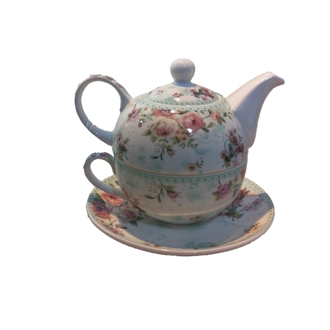 Set cu ceainic, ceasca si farfurie, portelan, Multicolor, 0.5ml