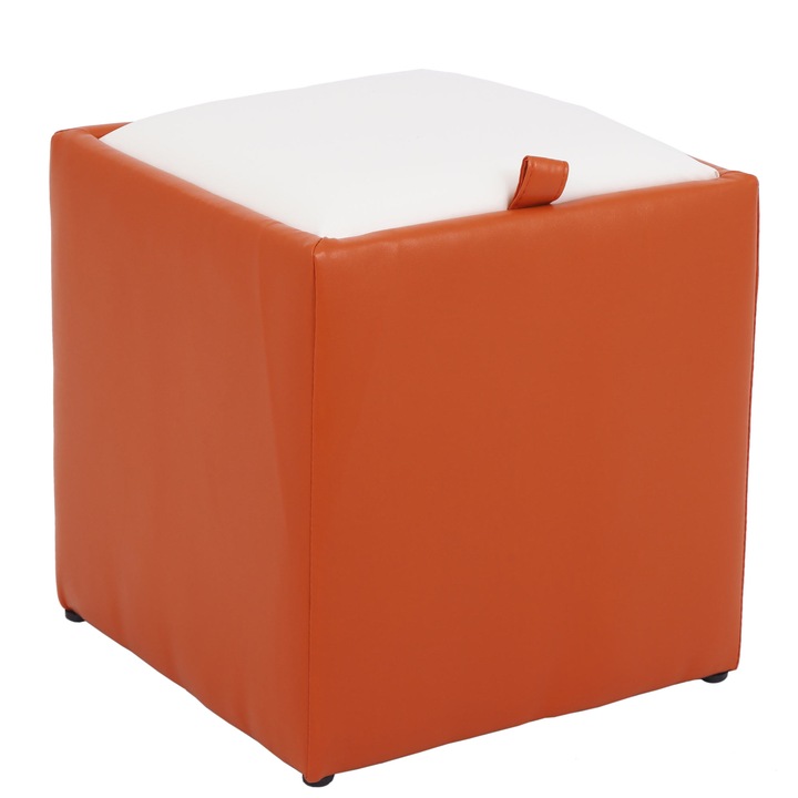 Taburet Box, piele ecologica Portocaliu/Alb37x37x41