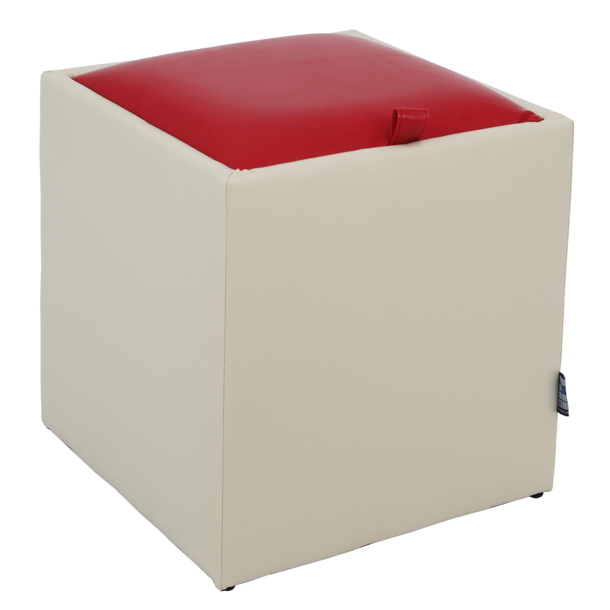 Taburet Box, piele ecologica Crem/Rosu 37x37x41