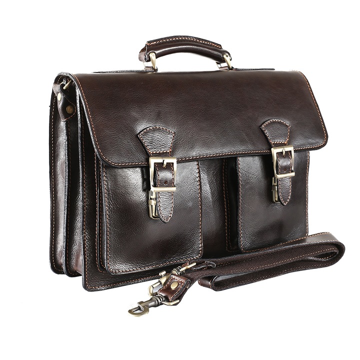 Geanta port laptop din piele naturala vachetta, maro, LS151B