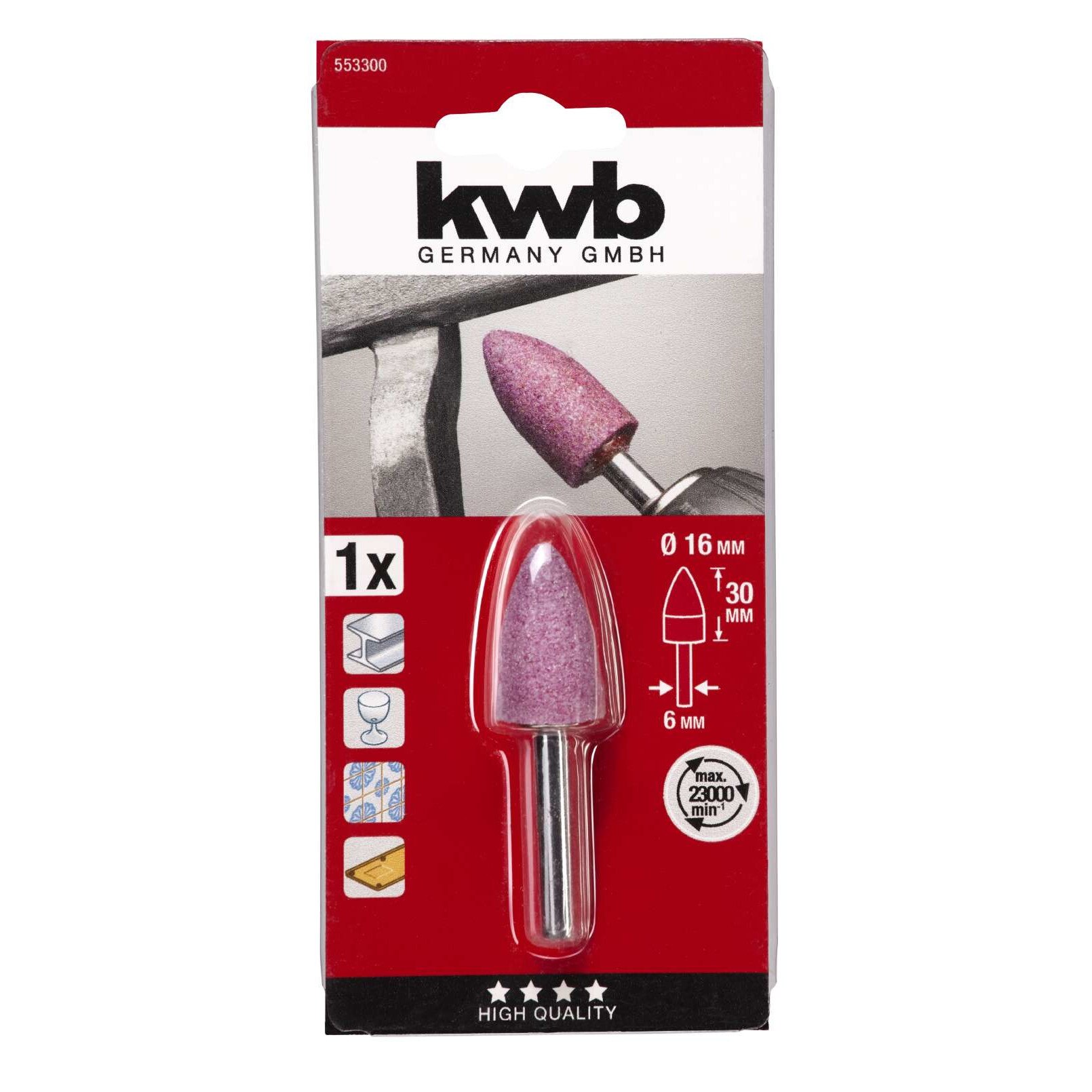 Piatra abraziva cu tija 16/30mm cilindric ascutit, prindere 6mm, KWB High-Quality