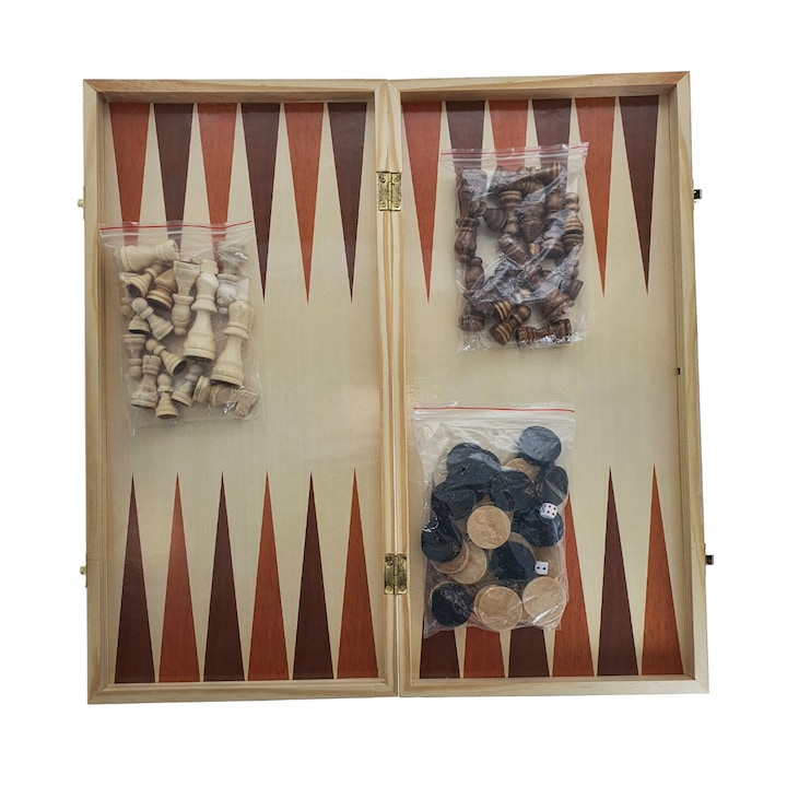 Joc de masa 3 in 1, sah, table si dame, 48 x 48 cm, cu 64 piese