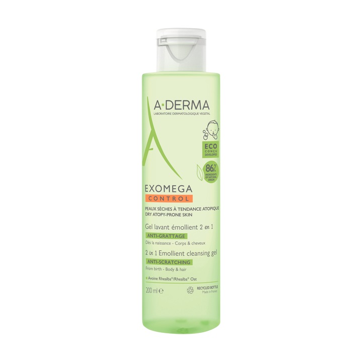 Измиващ гел A-Derma Exomega Control, За суха и атопична кожа, За деца, 200 мл