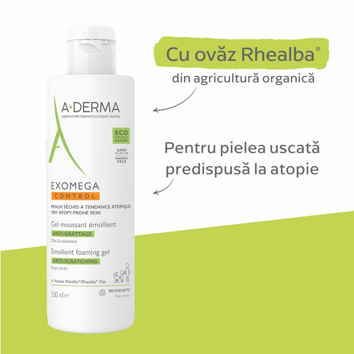 Gel de curatare spumant A-Derma Exomega Control pentru piele uscata si atopica, 500 ml