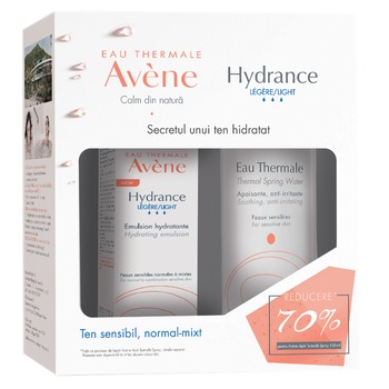 Pachet ingrijire ten Avene: Emulsie Hydrance Legere pentru ten normal si mixt, 40 ml + Apa termala pentru ten sensibil, 150 ml Pachet ingrijire ten Avene: Emulsie Hydrance Legere pentru ten normal si mixt, 40 ml + Apa termala pentru ten sensibil, 150 ml